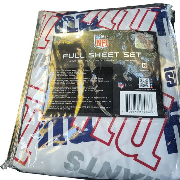 NFL New York Giants Full Sz. Sheet Set 4 Piece Flat & Fitted Sheet 2 Pillow Case - Picture 1 of 5